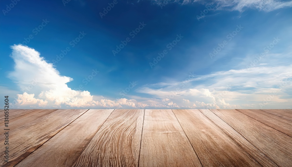 Poster stylish wooden table against sky blue cloud texture backdrop a versatile prop for mockups or display