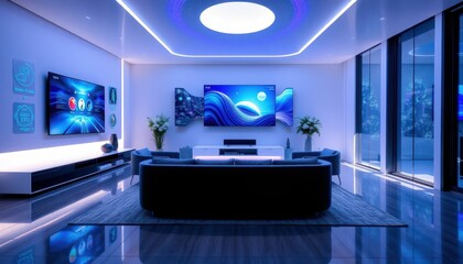 Modern Living Room with Futuristic Design and Ambient Lighting