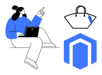 Woman with laptop pointing finger, beside a shopping bag with price tag and a hexagonal emblem. Ideal for e-commerce, online shopping, digital workspace, remote work, tech marketing, business