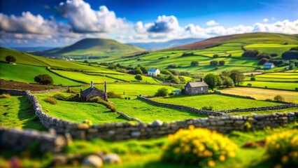 Fototapeta premium Ireland Rural Landscape: Rolling Green Hills & Stone Walls, Tilt-Shift Photography