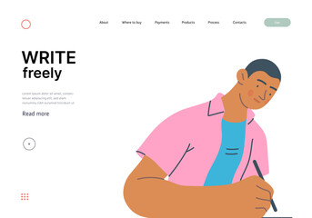 Writing people, modern flat vector concept illustration- sitting woman thoughtfully writing on paper. Metaphor for reflection, personal insight, contemplation, creative expression