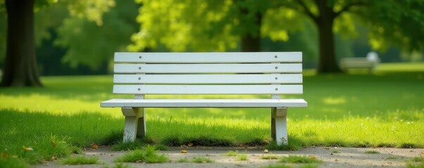 Classic white wooden park bench, simple design , wood, element, straight lines