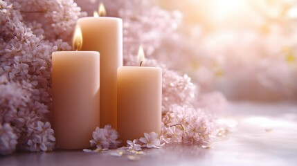 Soft Candles Among Blooming Lilacs