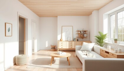 Fototapeta premium Bright and Airy Living Room with Modern Wooden Furniture and Decor