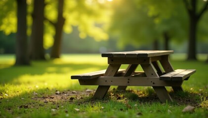 Naklejka premium Aged wood picnic tables in soft-focus park setting, public space, photography, garden