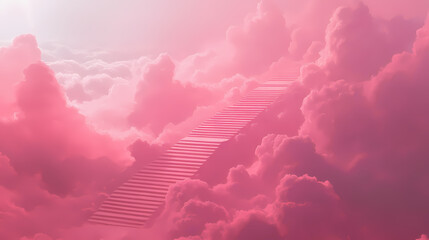A dreamy staircase ascending into pink-hued clouds, evoking tranquility and wonder. Echoing - Canyons. Illustration