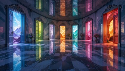 Fototapeta premium Enchanting Hallway with Colorful Doors Leading to Surreal Landscapes