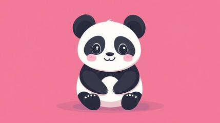 A Cute Cartoon Panda Sitting On A Pink Background