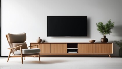 Minimalistic TV Cabinet Against a White Backdrop in Living Room with Sleek Armchair Modern Elegance and Serene Simplicity