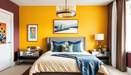 Cozy Modern Bedroom Design with Yellow Accent Wall and Artwork