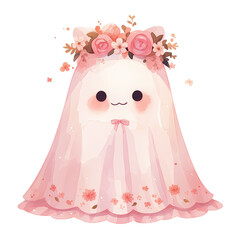 Adorable ghost illustration, wearing a pink veil and flower crown.  Sweet and dreamy aesthetic.
