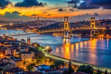 Fototapeta premium Istanbul Bosporus Night Lightscape: Dramatic Low-Light Cityscape Photography