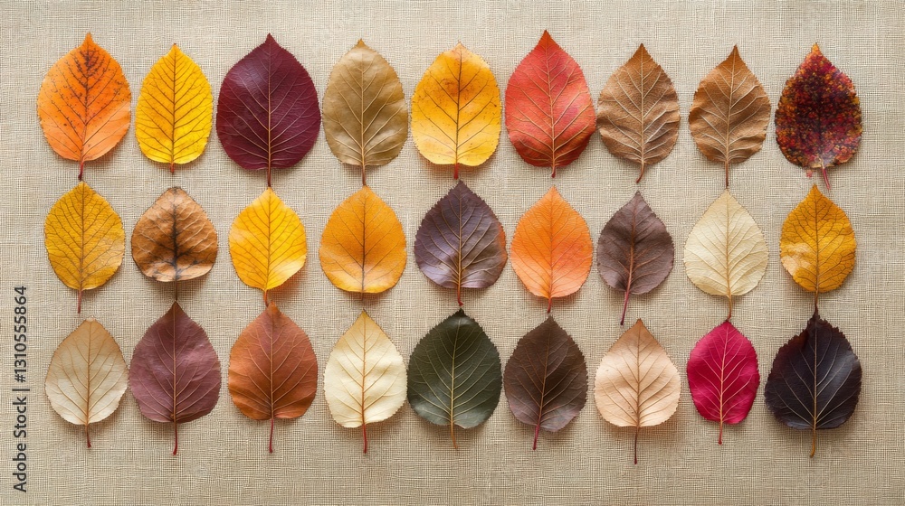 Poster arranged colorful autumn leaves showing various color variations on a surface