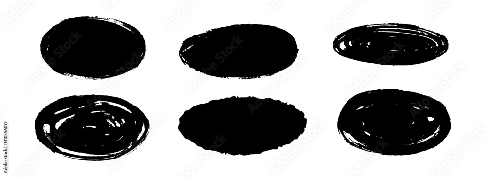 Poster oval dry paint stains set. black grunge chalk ellipse collection. textured brush stroke round elemen
