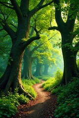 Naklejka premium Ancient beech trees with bizarre forms frame a rustic track, enchanting woods , quirky, spring