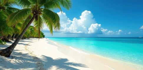 Azure water laps white sand beach, lush palms sway , Island getaway, Ocean, Bright