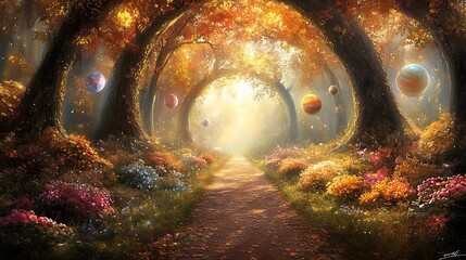 Ethereal connection between terrestrial realm and celestial sphere materializes as intertwining embrace of verdant meadow and boundless celestial canopy