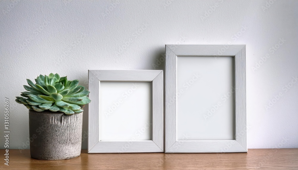 Aufkleber two white empty paper blank frames on a rustic wooden table in a minimalist home setting, showcasing