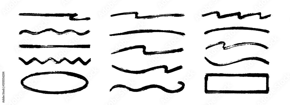 Poster straight, zigzag and wavy paint line set. sketch brush stroke and frames collection. rough charcoal 