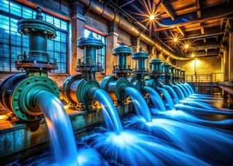 Long exposure captures the rhythmic pulse of a nocturnal industrial pumping system, water a shimmering blur.