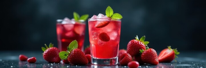 Iced berry fizz, mint, strawberries, dark backdrop, dark mood, garnish, purple fruit