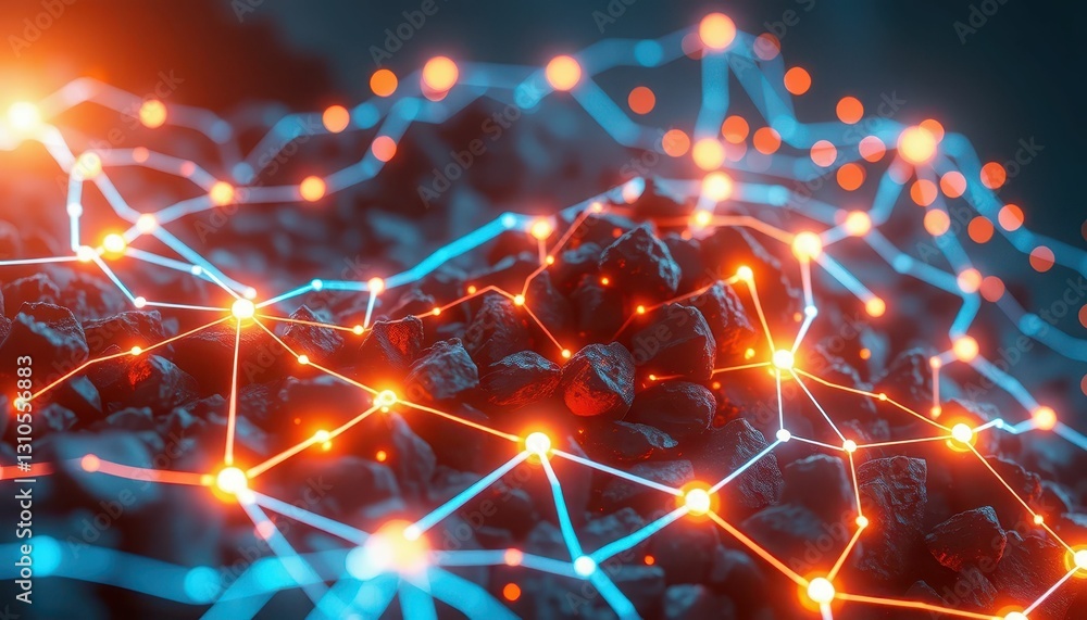 Poster digital network visualization over textured surface of dark stones
