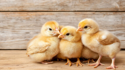 Three adorable yellow chicks huddle together on a rustic wooden surface, showcasing their fluffy feathers and curious expressions.