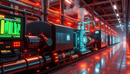 Fototapeta premium Futuristic Industrial Facility with Neon Lights and Machinery