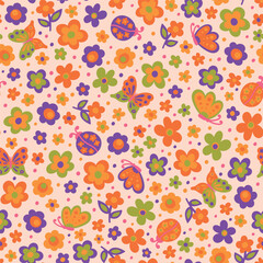 Cute colorful botanical vector seamless pattern. Cartoon tiny flowers, butterflies and ladybugs, multicolored background. Fun and joyful allover print for fabric, kids clothes, any surfaces.