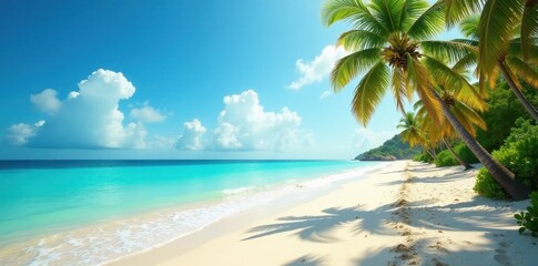 Obraz premium Sun-drenched sands meet turquoise waves, palm trees sway , serene, photography, horizon