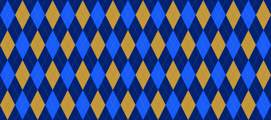 Blue yellow seamless argyle pattern. Dark navy rhombus repeated texture wallpaper. Masculine stitched diamond background for textile design, fabric swatch, scarf cloth, suit print. Vector backdrop 