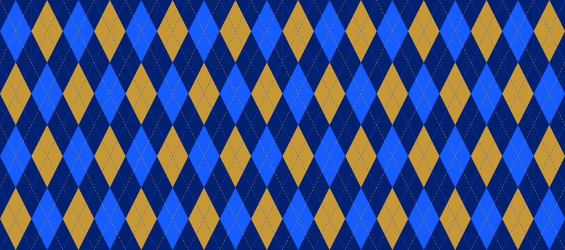 Blue yellow seamless argyle pattern. Dark navy rhombus repeated texture wallpaper. Masculine stitched diamond background for textile design, fabric swatch, scarf cloth, suit print. Vector backdrop 