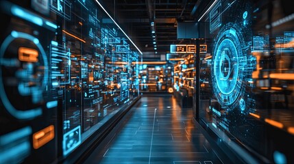 Fototapeta premium Futuristic Corridor Displays Digital Data Streams