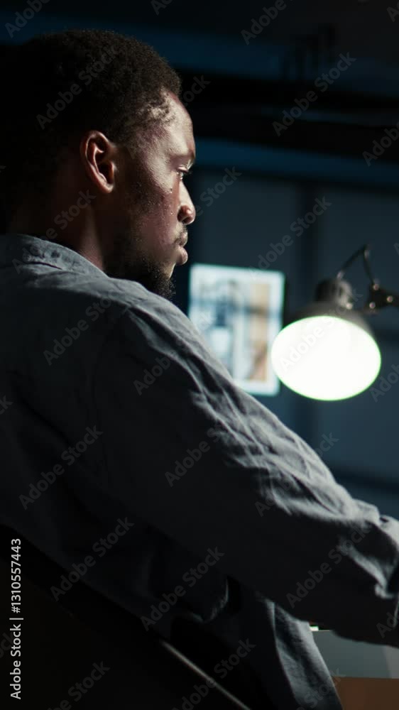 Poster vertical video network analyst studying digital commerce progression reports on computer, working at