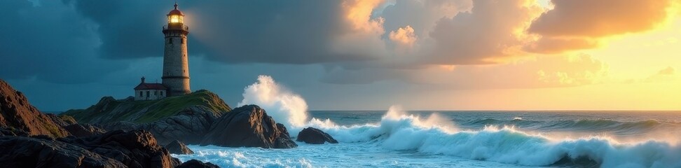 Obraz premium Ancient stone lighthouse, raging tempest, crashing waves , old, storm, coastal