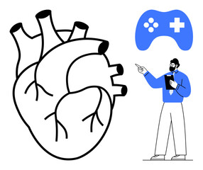 Heart anatomy illustration with a doctor giving a presentation and a game controller symbolizing gamification in healthcare, medical education, and innovative therapy. Ideal for health, learning