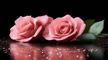 Two Pink Roses on Dark Background