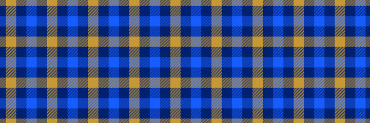 Blue and yellow gingham seamless pattern. Navy vichy background texture for textile design, fabric swatch, scarf cloth, suit print. Masculine checkered tweed plaid repeating wallpaper. Vector backdrop
