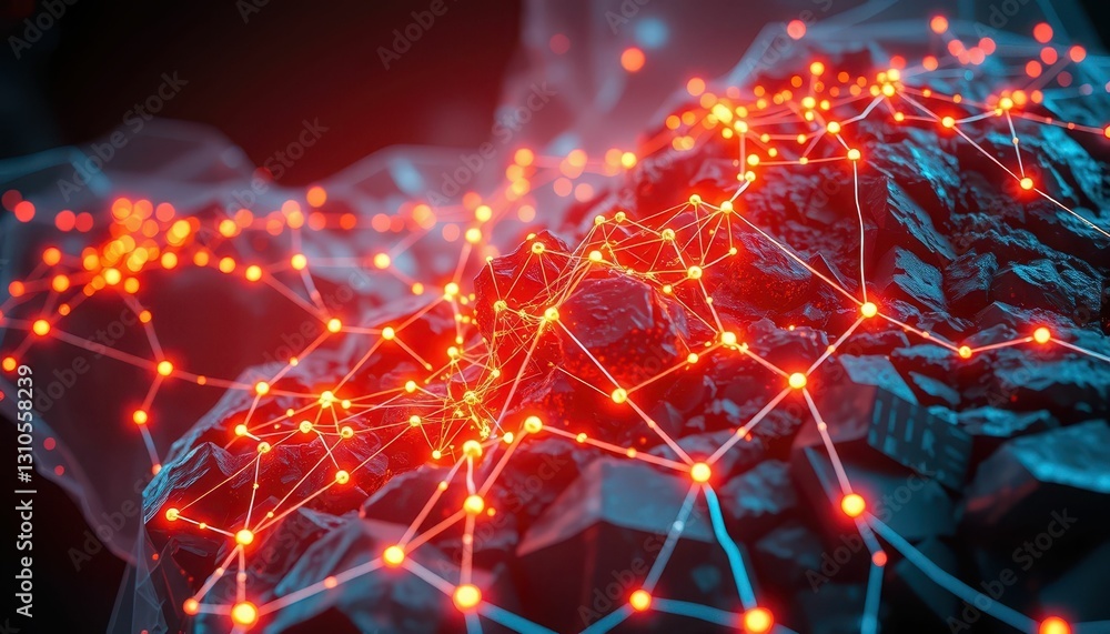 Poster abstract network visualization with red lights and dark background