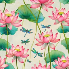 Seamless pichwai inspired background pattern with pink lotus flowers and dragon flies, this can be used for digital projects as well as for print on various surfaces like textiles, paper Generative AI