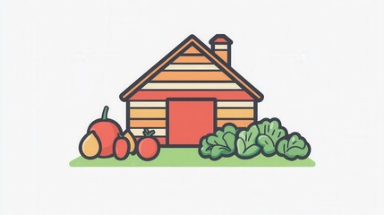 Farm products logo featuring a rustic barn and fresh vegetables with a clean modern aesthetic showcasing local produce and sustainability