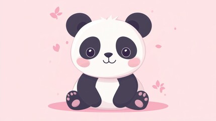Naklejka premium A charming cartoon panda with flowers and hearts on a pink background