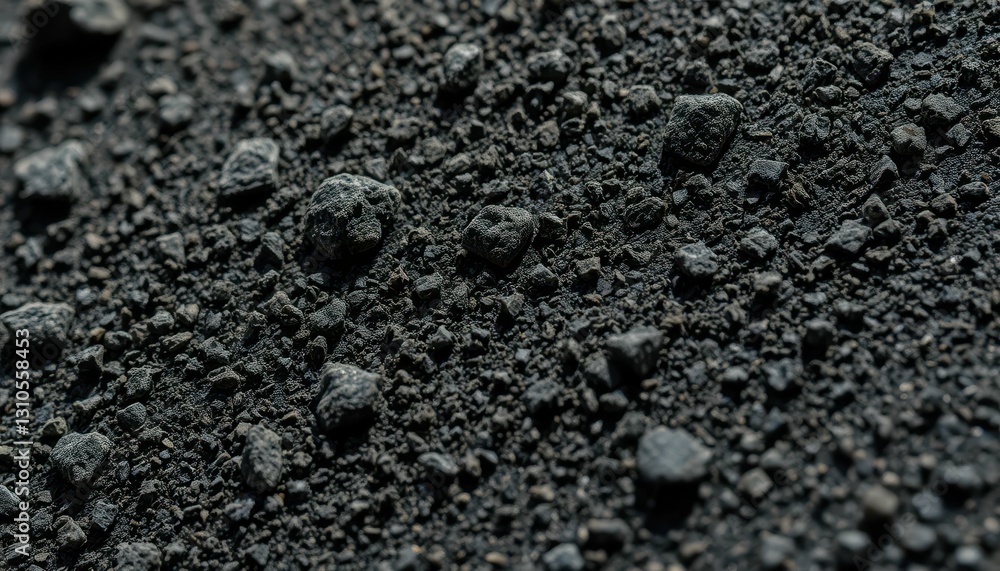 Poster close-up view of dark granular material on textured surface