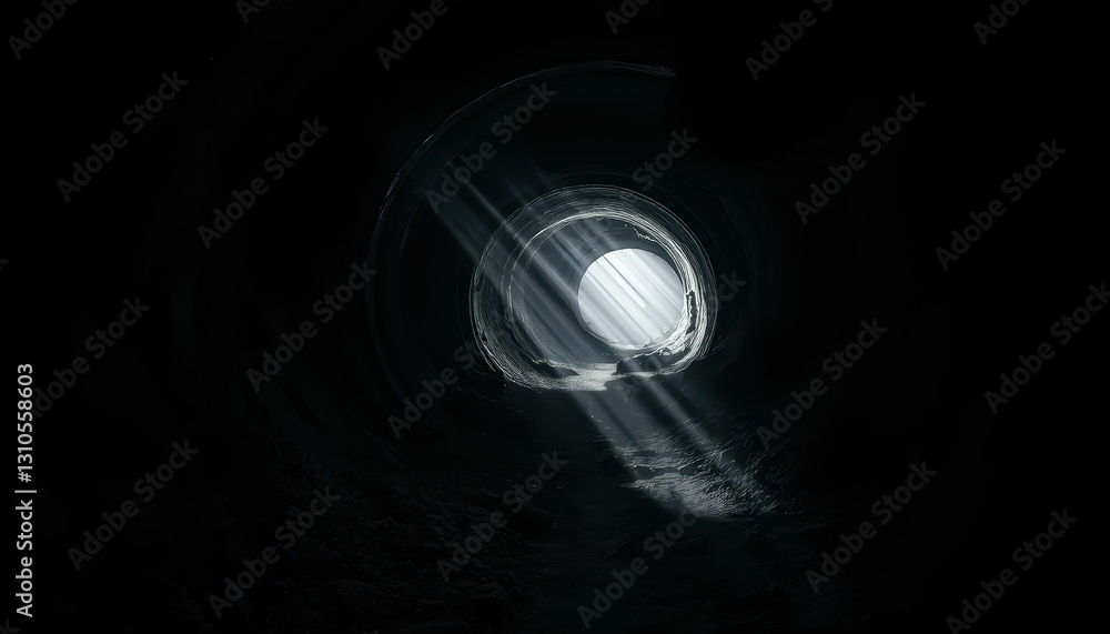 Poster light filtering through a dark tunnel in an abandoned environment