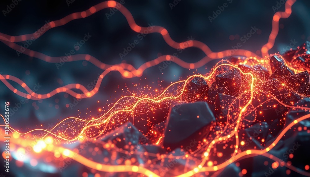 Poster abstract digital landscape with glowing lines and particles in motion