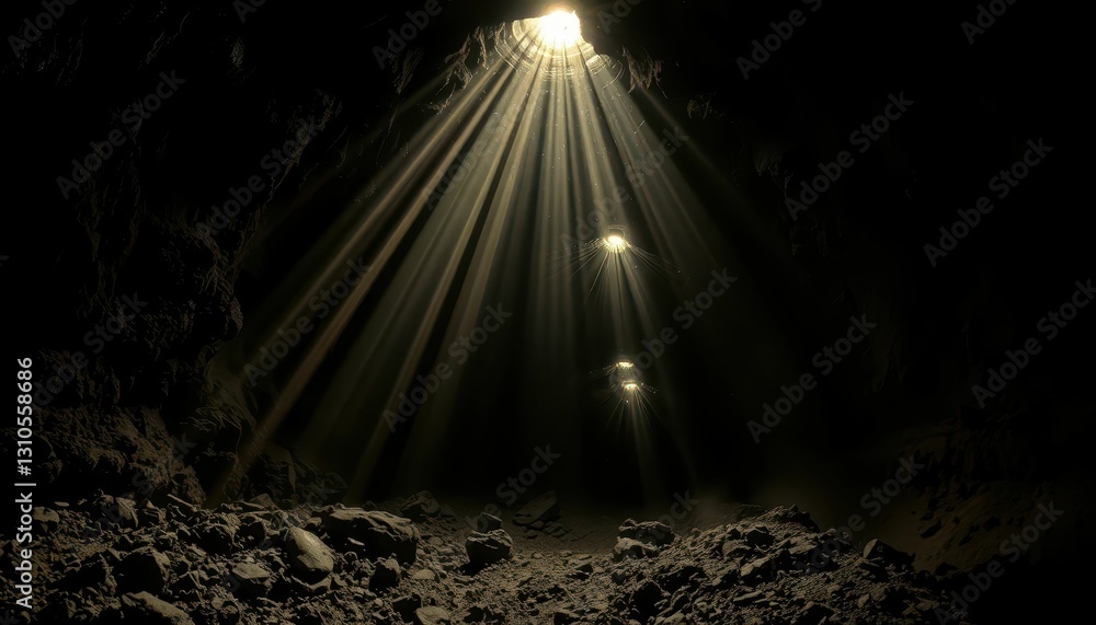 Poster mysterious cave with illuminating beams of light and shadows