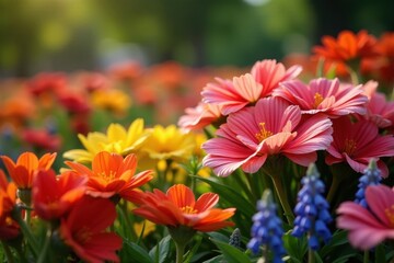 Vibrant blooms in meticulously designed flower bed, green, landscaped garden