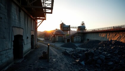 Fototapeta premium Sunrise Over Abandoned Industrial Site with Machinery and Gravel