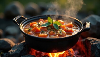 Bubbly stew in open Dutch oven over campfire embers , homey, autumn