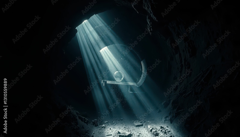 Poster enigmatic underground scene with beams of light and mysterious objects